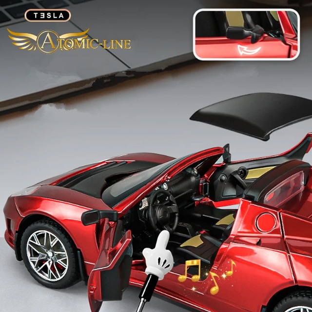 テスラ TESLR ロードスター 1/24 ミニカー 全4色 ライト点灯 エンジンサウンド 合金モデル 模型 ジオラマ