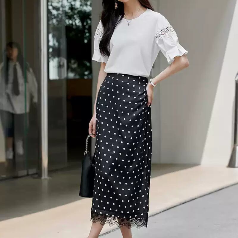 ドット柄 レーストリムラップスカート U0532