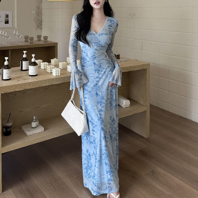 ワンピース Vネック スピーカースリーブ 花柄 長袖 ブルー S M L XL