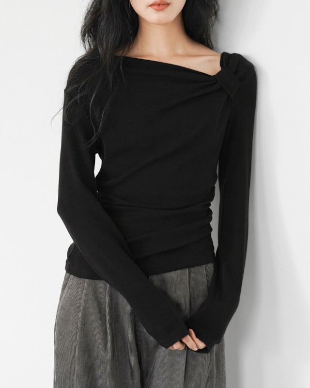 Side ribbon gathered long sleeve top ◇2color　TH3085