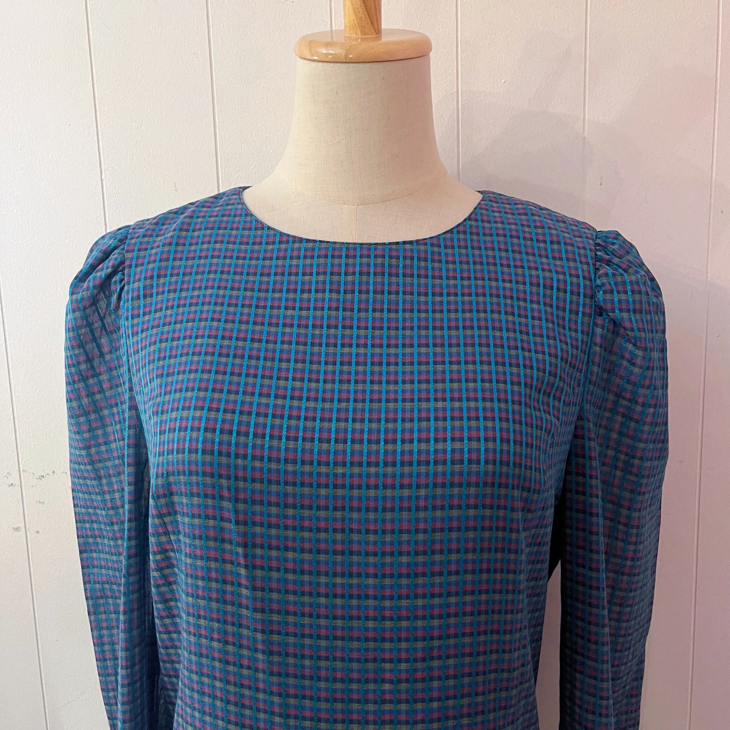 blue pink check low waist one-piece