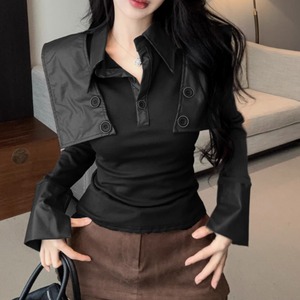 2色／フェイクレザーデザインコンビポロトップス ・13029