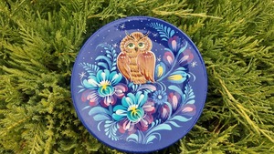ペトリキウカ塗りのプレート　梟 （ティモシェンコ作）13cm