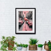 Flamengo Trip｜都会を旅するフラミンゴのコラージュアート｜ピンク×ブラックが映える遊び心の額縁付きポスターA4ポスター