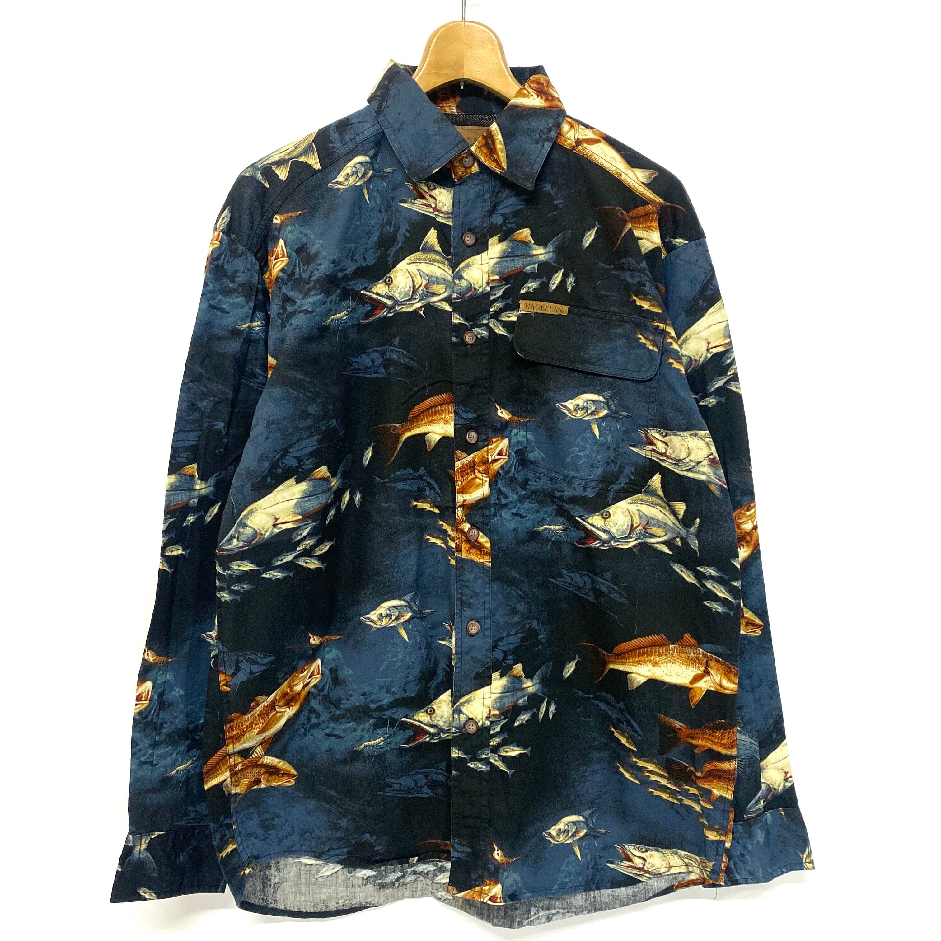 MAGELLAN 総柄 魚柄 長袖 フィッシングシャツ メンズM【長袖シャツ 