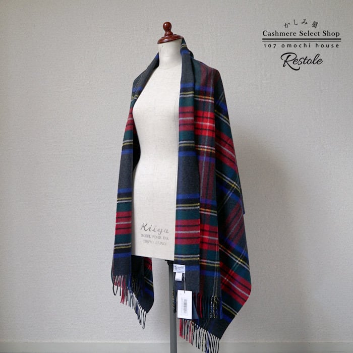 《日本別注 国内正規品》BEAMS取扱い ジョンストンズ カシミヤ大判ストール チャコールグレースチュワート カシミヤ100% with Charcoal Ground #021