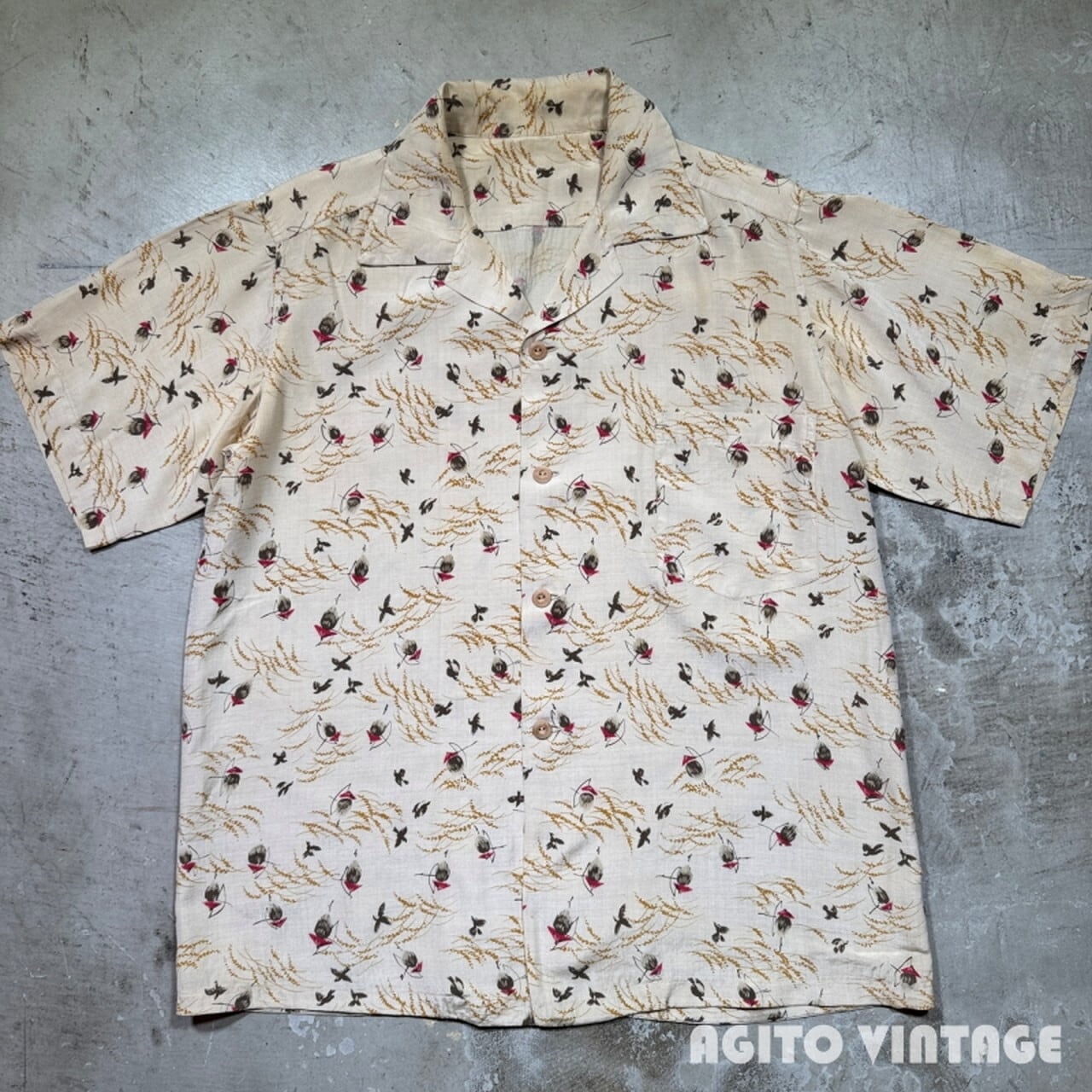 50's~ Unknown シルクハワイアンシャツ S/S 稲穂 雀 案山子 和柄 バンブーボタン ベージュ系 開襟 M~L相当 50's~ Unknown シルクハワイアンシャツ S/S 稲穂 雀 案山子 和柄