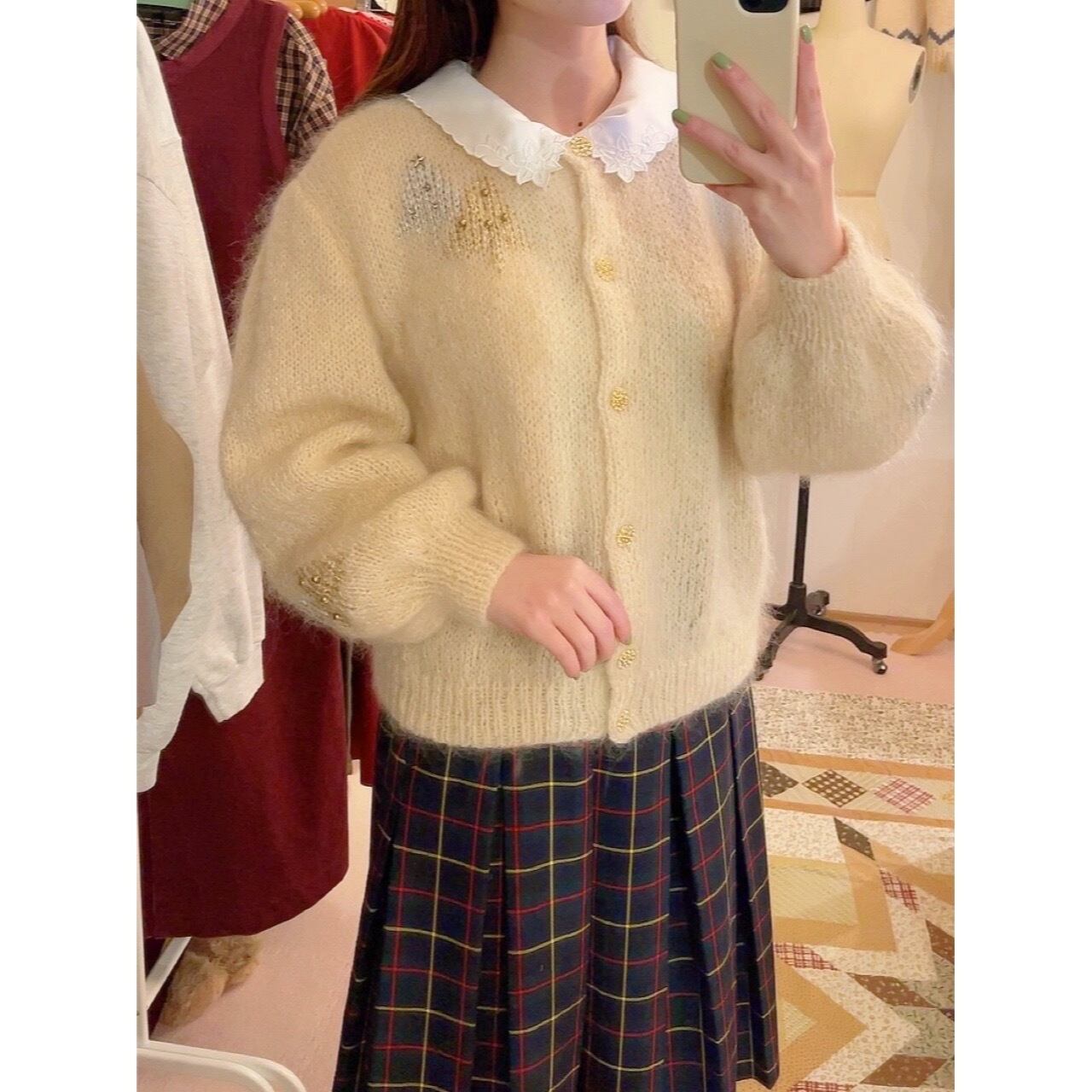 lame tree cream knit cardigan