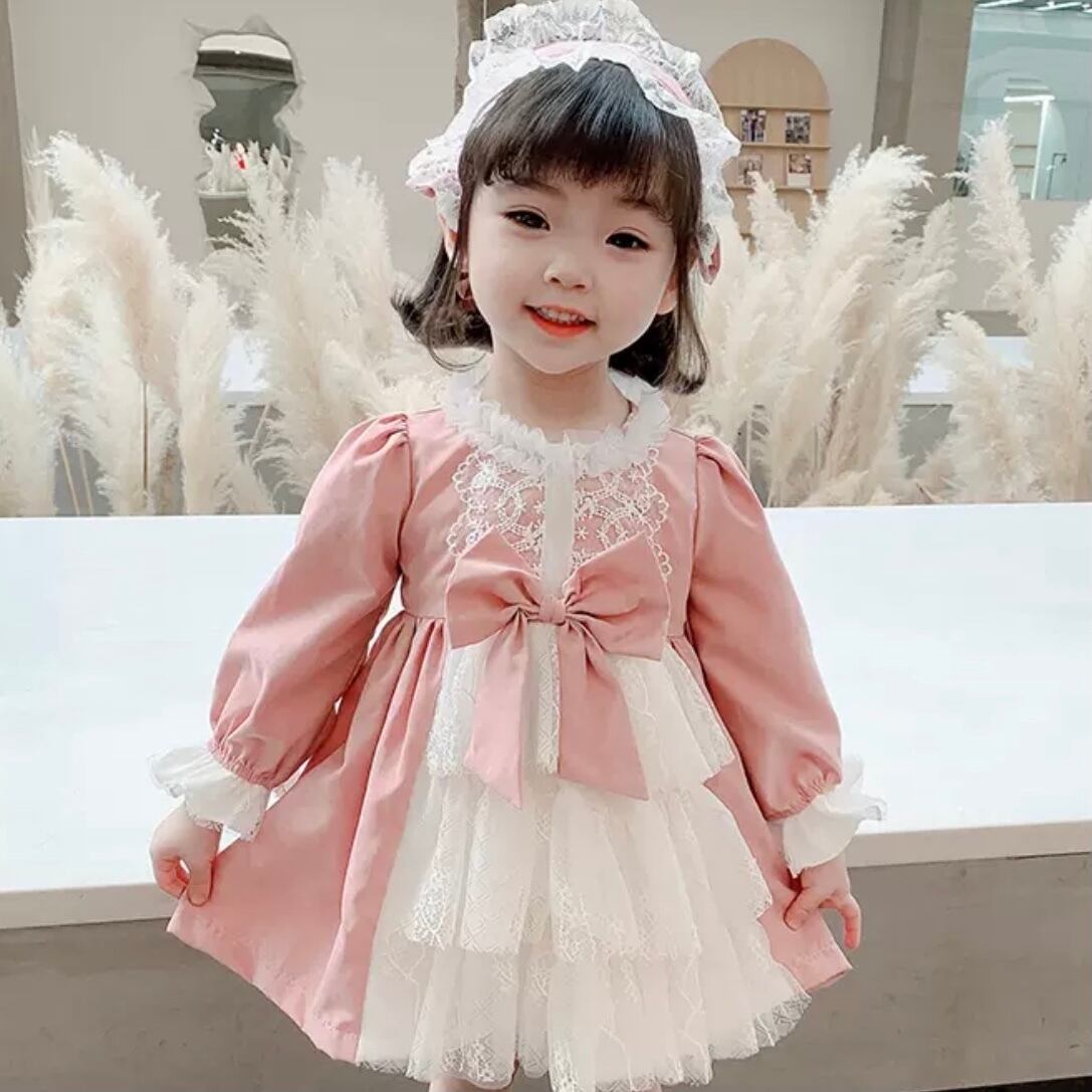 2色 子供服 80〜130 ティアードドレス 長袖 レース フリル