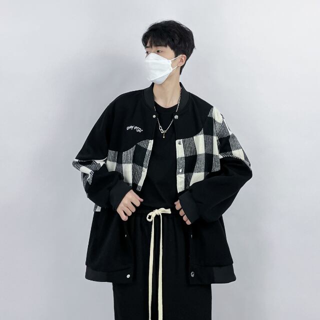 【予約販売】スタジャン ジャケット 防寒 メンズ アウター チェック柄 切り替え ショート丈 オーバーサイズ ブラック/ブラウン こなれ感 お洒落 韓国 トレンド 秋 冬 M/L/XL