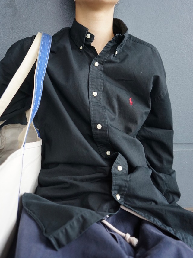 Ralph Lauren Blake Black Cotton Red Pony Logo Button Down Long Sleeve Shirt