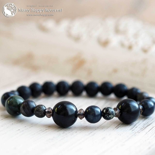ba-7838　The Zipang Bracelet☆北海道オブシディアン＆サヌカイト＆出雲碧玉＆アークナイト☆ストレッチブレス