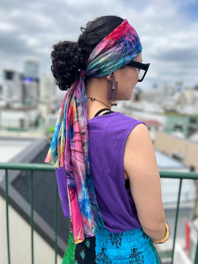 vintage indian silk multicolored tie-dye scarf