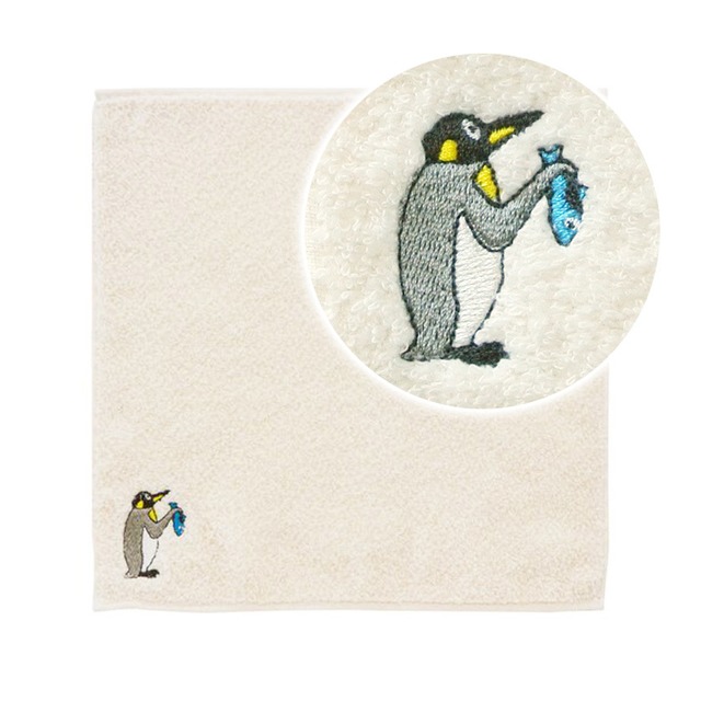 再入荷《鳥/ペンギン》ハンカチ 刺繍タオルハンカチ ペンギン 氷屋さんアイスをもっとくださいな SDGsユーモアイラスト 本田亮