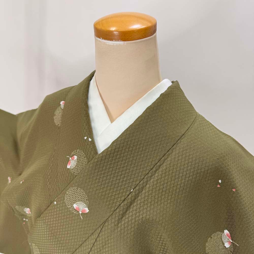 振袖 身丈161cm 裄丈66cm M 袷 草花 蝶 箔 金彩 緑 正絹 秀品