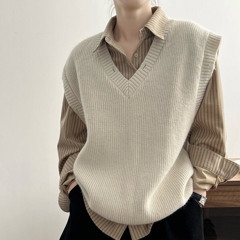 rib knit V-neck loose vest m0114