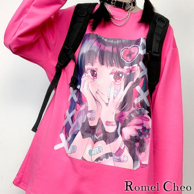 お支払い確認後日以内発送 Romelcheo イラスト ローズ ピンク 長袖 Tシャツ ロンt ロング プリント ゆめかわいい 病みかわいい レディース ストリート系 原宿系 青文字系 ガーリー ロリータ 大人可愛い カジュアル ファッション ロメルチェオ Romelcheo