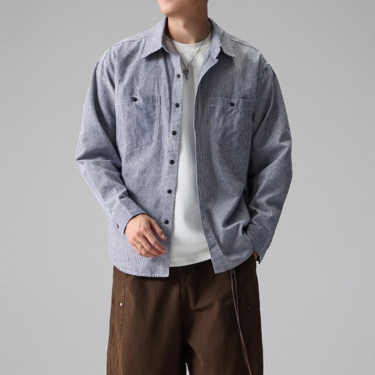 Patch Pocket Long Sleeve Hip-Length Shirt ◇2color H0866