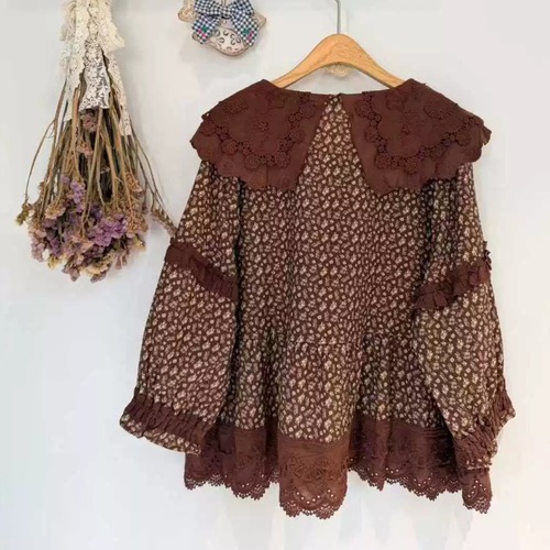 2色/ビッグカラー小花柄ボタンブラウス ・12714
