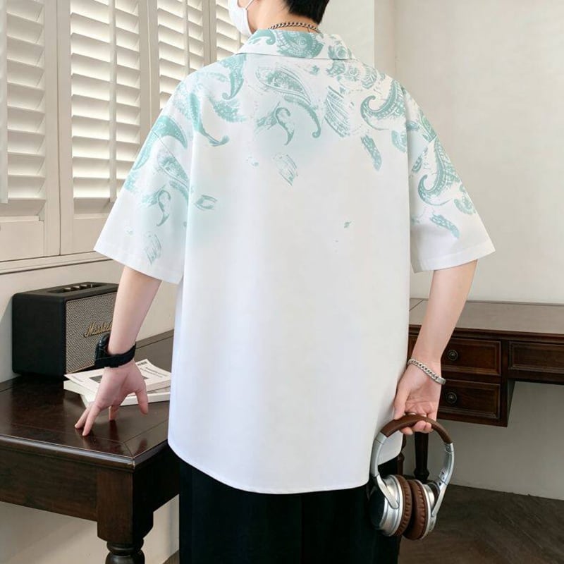 トクコ　麻混 ジップアップ トップス　大きなプリント柄　半袖 WSシリーズ】☆シャツ☆ 2color トップス 半袖 ユニセックス 大きい