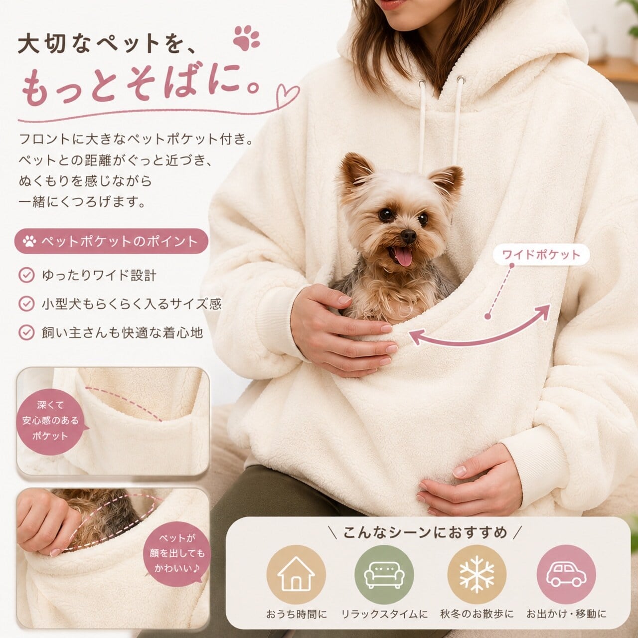 408.HANA ペットポケット付き ふわもこオーバーサイズパーカー