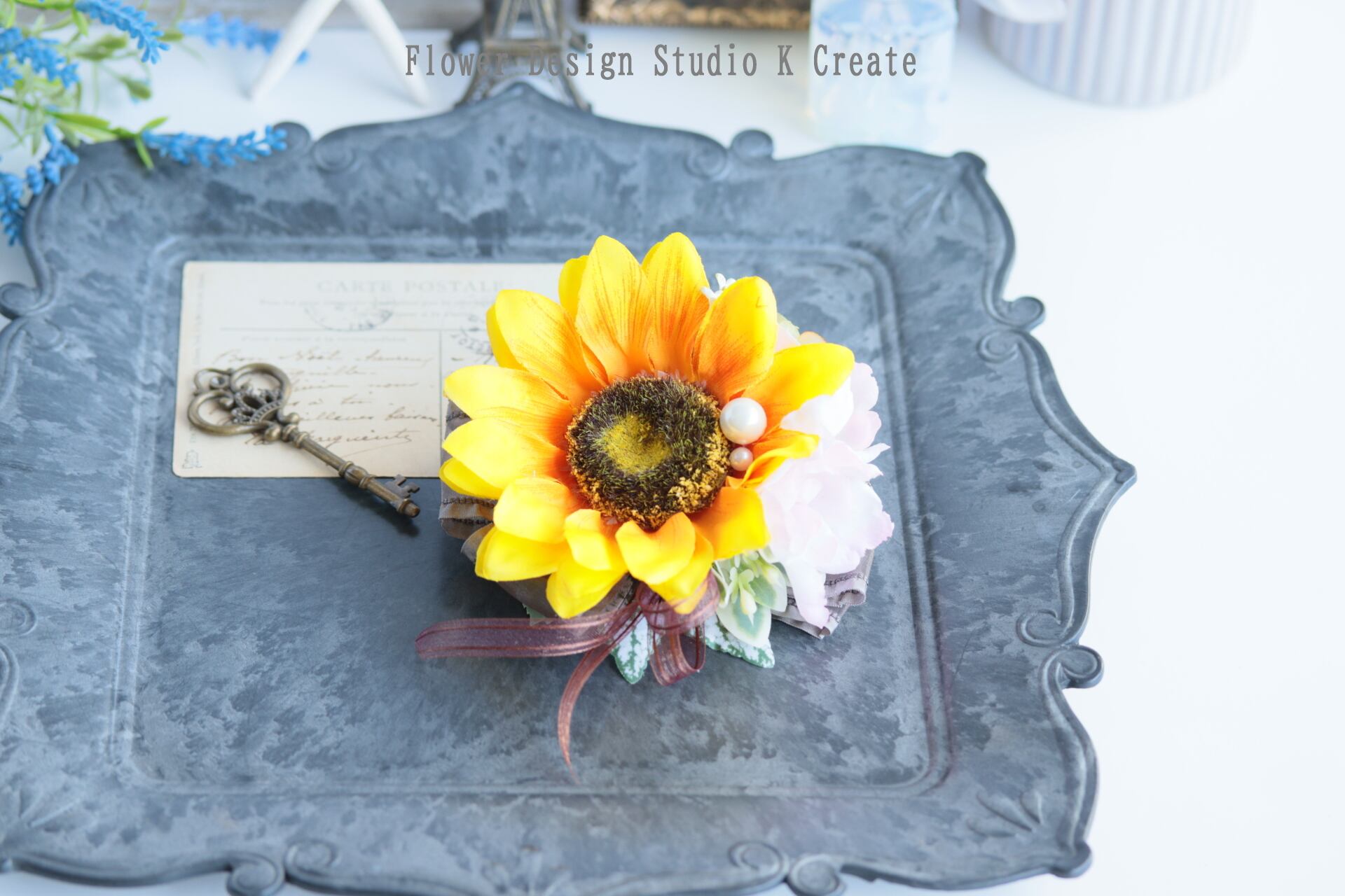 向日葵のコサージュ 紫陽花 デルフィニュウム リボン パール コサージュ 2Way お出掛け 夏 発表会 結婚式