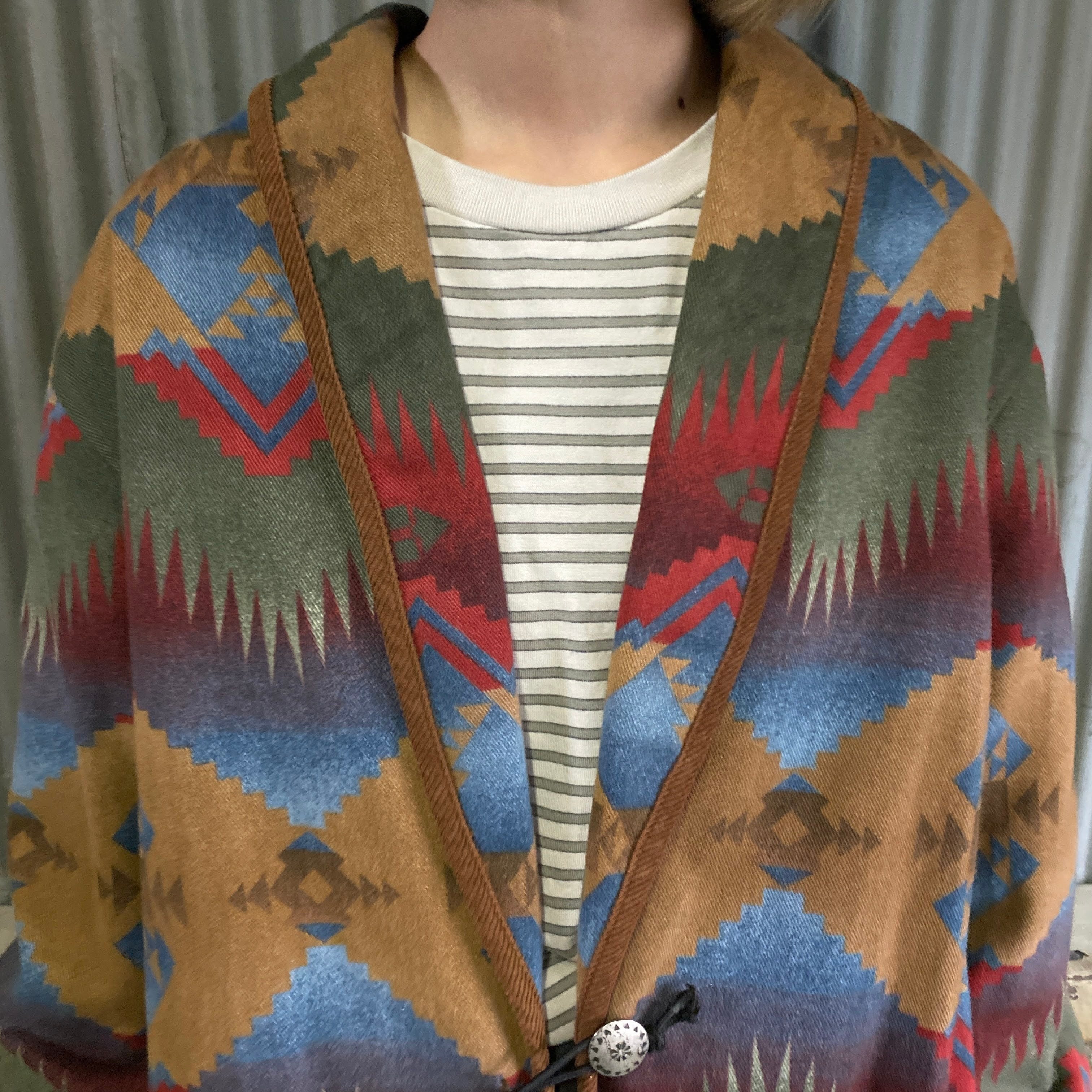 JONES NEW YORK ネイティブ柄 コンチョボタン ショールカラー コットン 