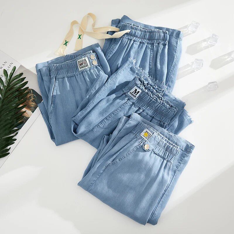 年夏 レディース プラスサイズ シルクデニム ワイドレッグパンツ ハイウエスト フェード加工 ウォッシュドスタイル コールドトーン ルーズフィット カジュアルパンツ