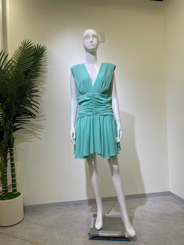 【新品DRESS 2756】ワンカラー ウエストギャザー シフォン フレア ミニドレス ブルー ミント インポートドレス 海外ドレス【RINASCIMENTO】