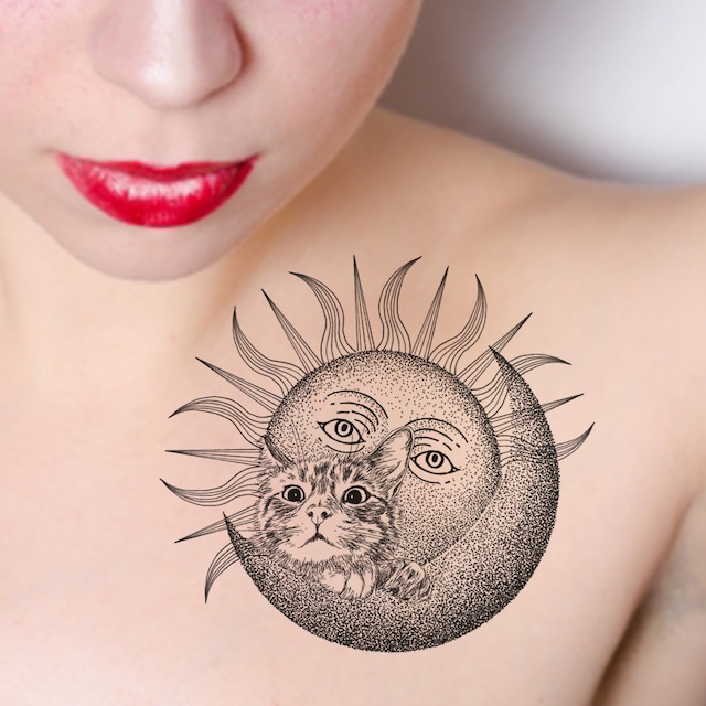 タトゥーシール 猫の絵 イラスト猫雑貨 月と太陽と猫 Cat Tattoo おしゃれ猫雑貨 グッズ通販 イラスト 似顔絵作成 365cat Art タトゥーシール 猫の絵 イラスト猫雑貨 月と太陽と猫 Cat Tattoo おしゃれ猫雑貨 グッズ通販 イラスト 似顔絵作成 365cat Art