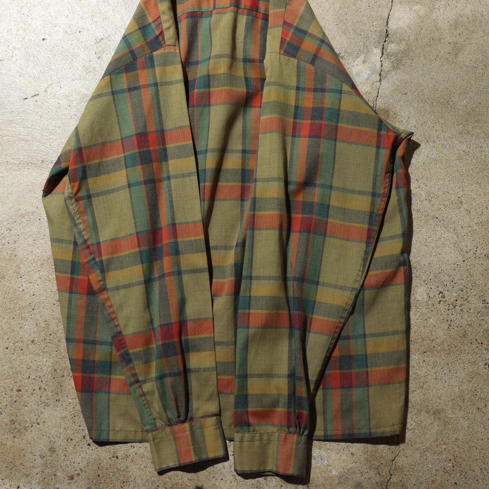 極美品 M 70s Donegal 長袖開襟チェックシャツ コットンポリ カーキ 