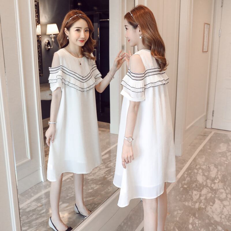 【新作】【送料無料】 マタニティウェア2020夏の新しい半袖オフショルダードレスファッションシフォンステッチミドル丈マタニティドレス-アリババ サマー 夏物 expec250967033083