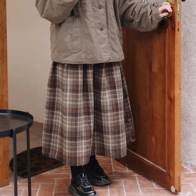 レトロチェック柄ウールスカート W1041