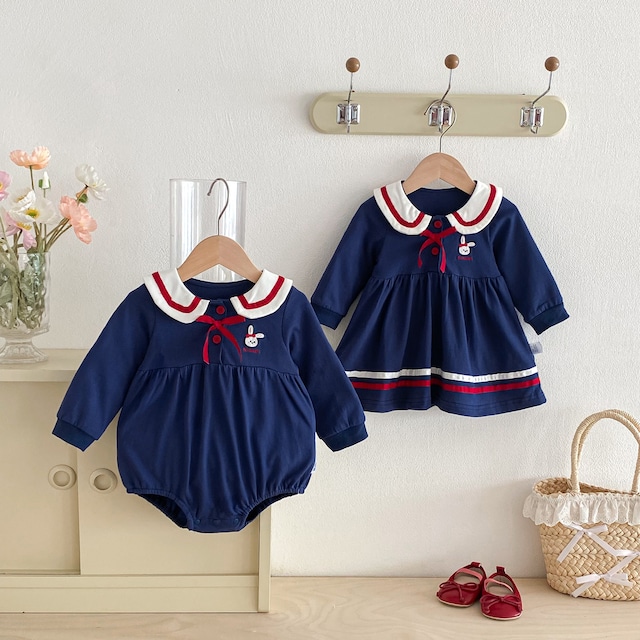 【姉妹服】ウサギ柄セーラー風ロンパース/ワンピース