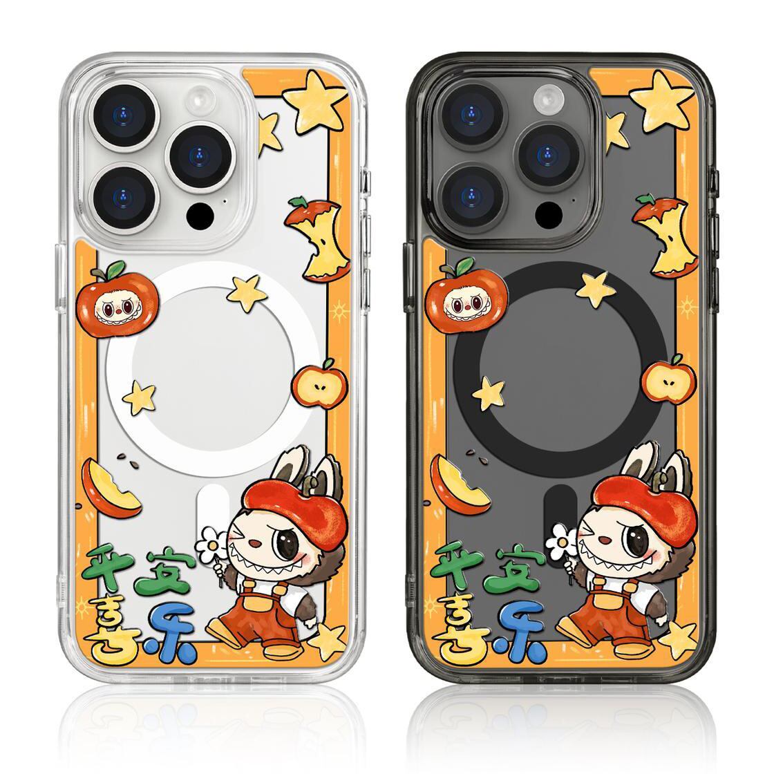 【 Labubu MagSafe 磁気ケース】平安喜楽 プリント 透明黒 クリアマグネットケース iPhone 17 Pro Max 16 Pro 15 14 13 対応 MagSafe 耐衝撃 カップル