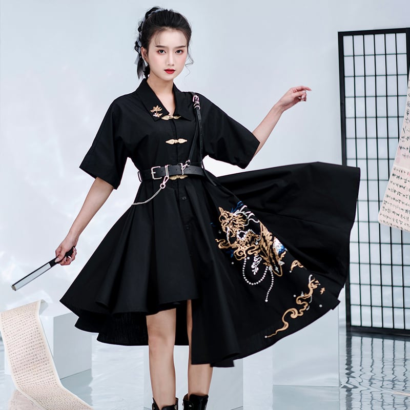 卿棠シリーズ チャイナ風ワンピース 刺繍 不規則 独特なデザイン かっこいい ブラック 黒い Elegant