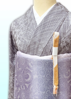 (袷)グレー地 松葉文様紋綾子小紋 (紋なし) LUKGO−054 (リユース品) しつけ糸付