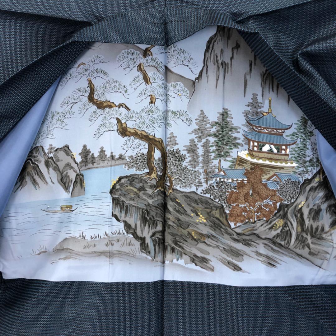 男着物 アンサンブル 本場大島紬 藍泥染 100亀甲 しつけ糸 M