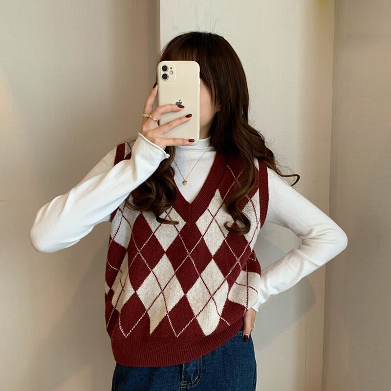 スプリングオータムVネックセーター ジャケット スタンダードスタイルルーズニット レトロ 春物 秋物 スーパーモール65530699885