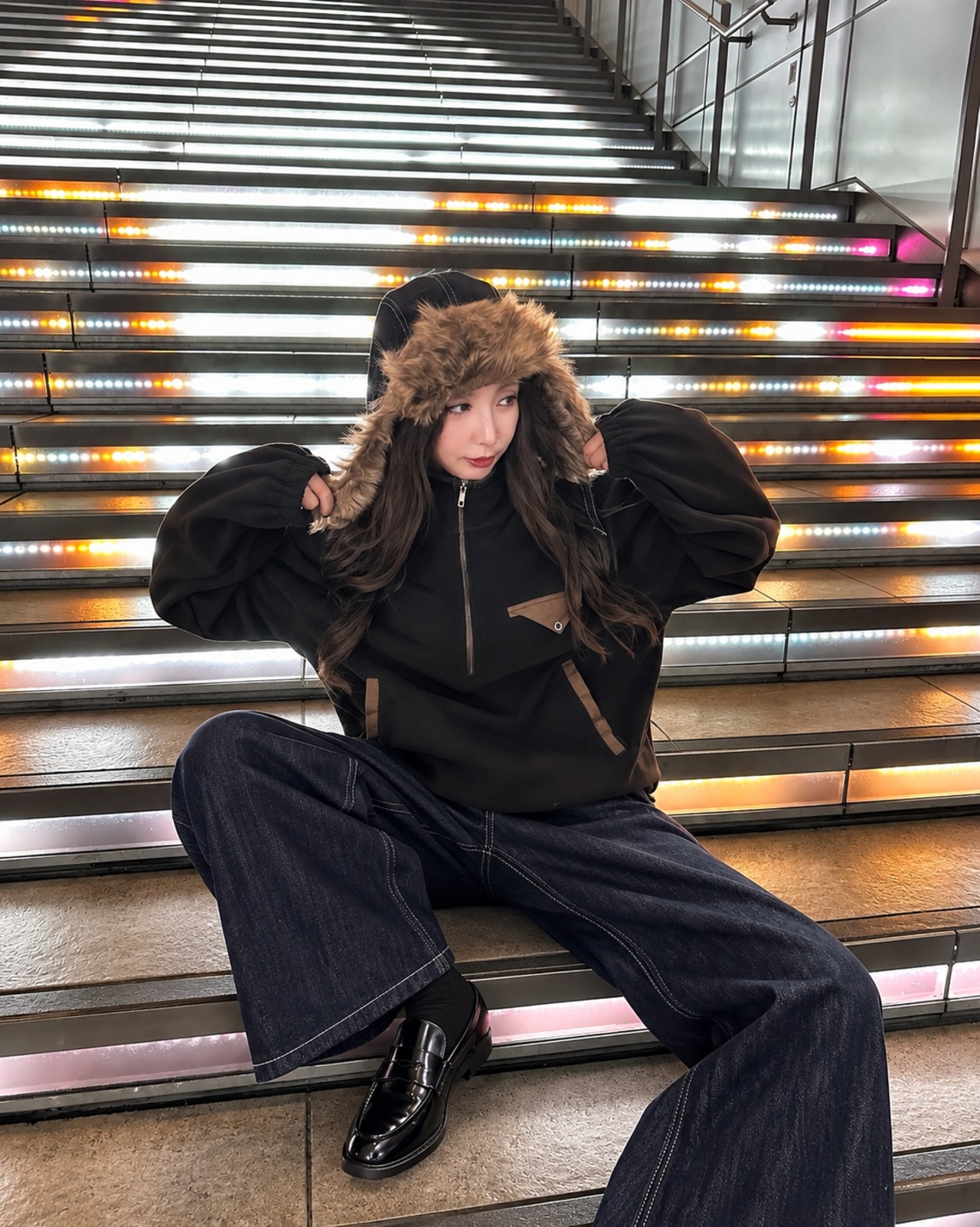2way leather×fur flight cap／Black【ユニセックス】