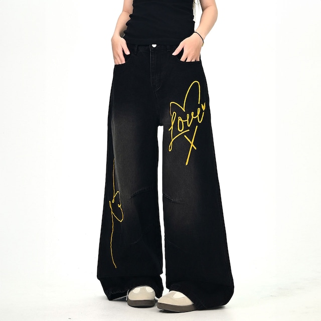 ラブラインアートデニムパンツ 2col R01018