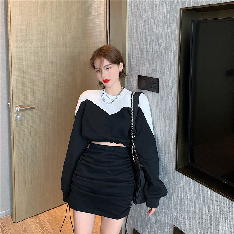 ブラックカラーブロッキングハイウエストセーターレディースオータムスタイルルーズレイジー長袖ジャケット2020新作クロップドトップ ブラックストロベリース47667606551