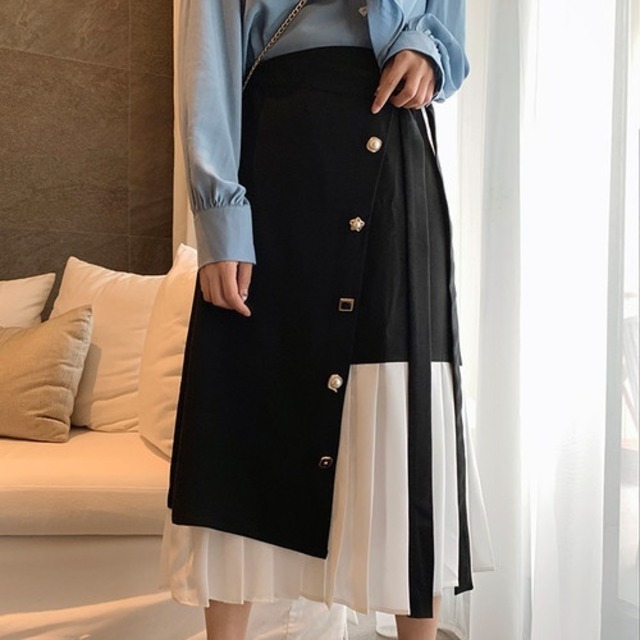 スカート ミモレ丈 切り替え プリーツ ハイウエスト アシンメトリー シフォン パール ビーズ シンプル 個性的 おしゃれ 上品 秋 新作 通学 OL デート 大きいサイズ db0255