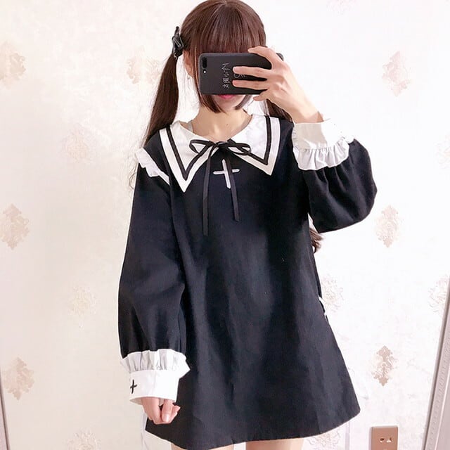サブカル 服 地雷系 通販 ロリータ ミニワンピース 十字架 セーラー服少女 クロスリボン 長袖 闇かわいい