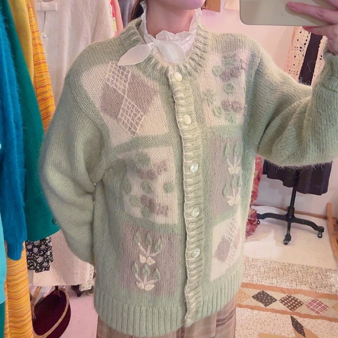 light green flower diamond cardigan
