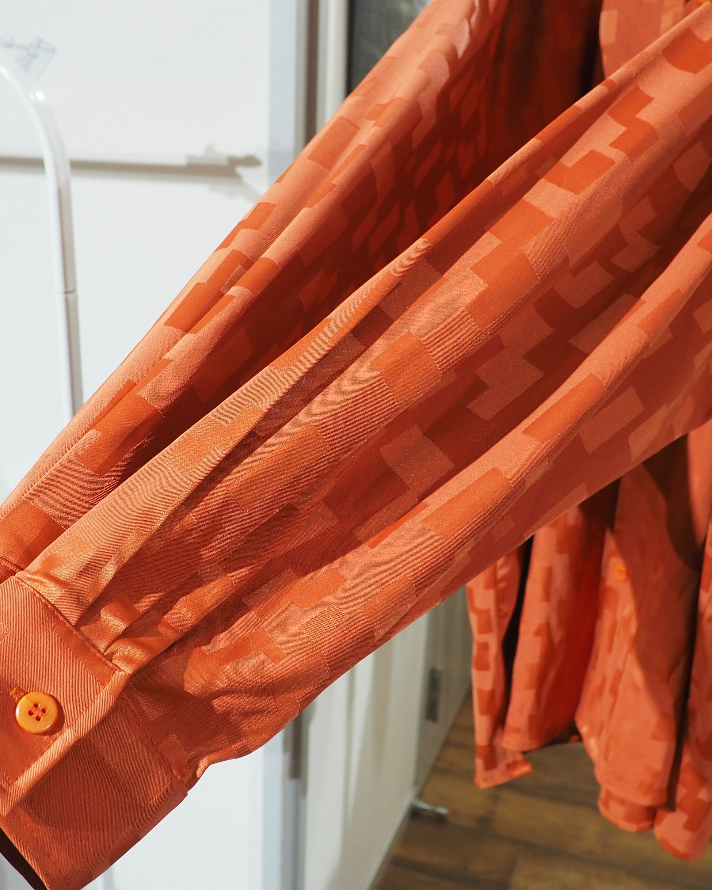 1990s " Made in USA ‐ Smash " Vivid Orange × Block Pattern Vintage Loose Open Collar Shirt