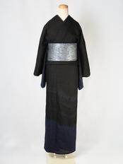 【レディース】仕立て上がり 絞り染め麻着物 黒紫　[B1265]