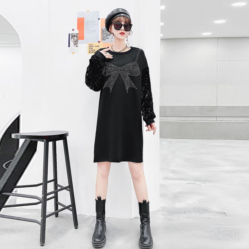 オータムドレス ルーズ薄手スパンコール 大きめサイズ 秋物 ヨーロピアン ミックスインファッション35716307423