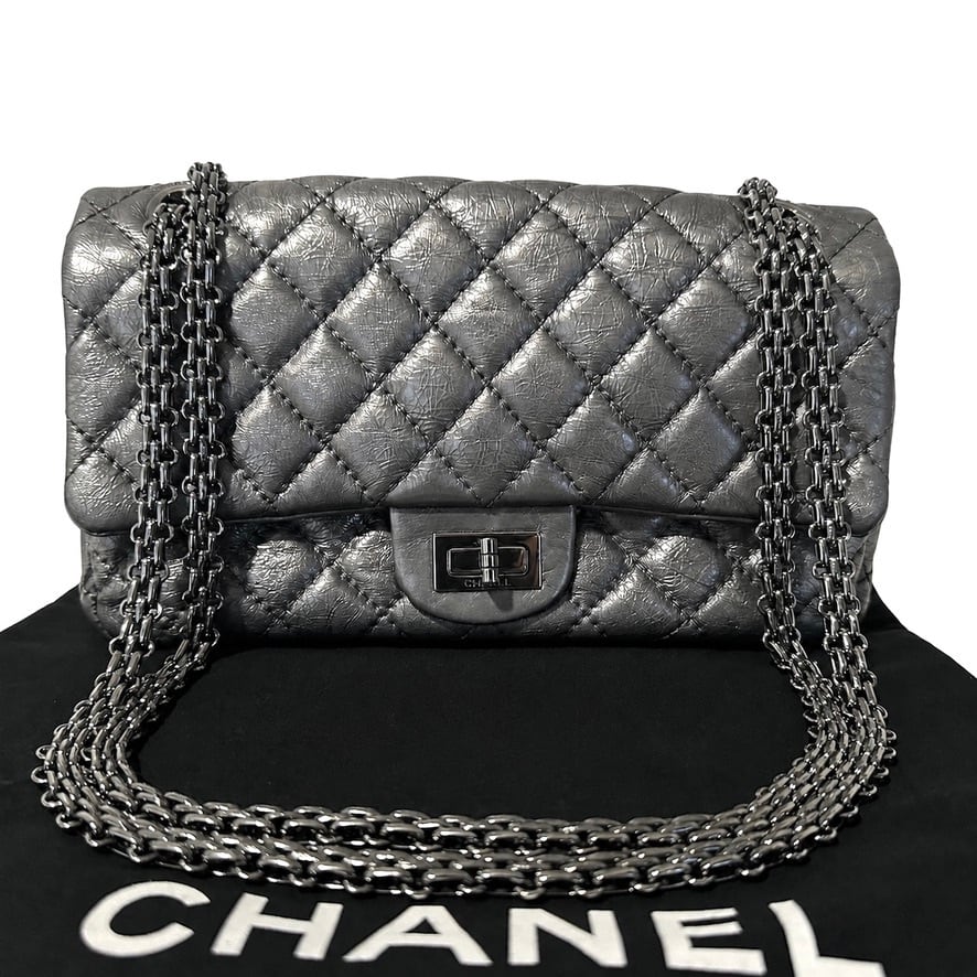 Extremely Rare ◇ CHANEL 2.55 Matelassé Leather Single-Flap Double-Chain Bag with Mademoiselle Turn-Lock Clasp, Silver