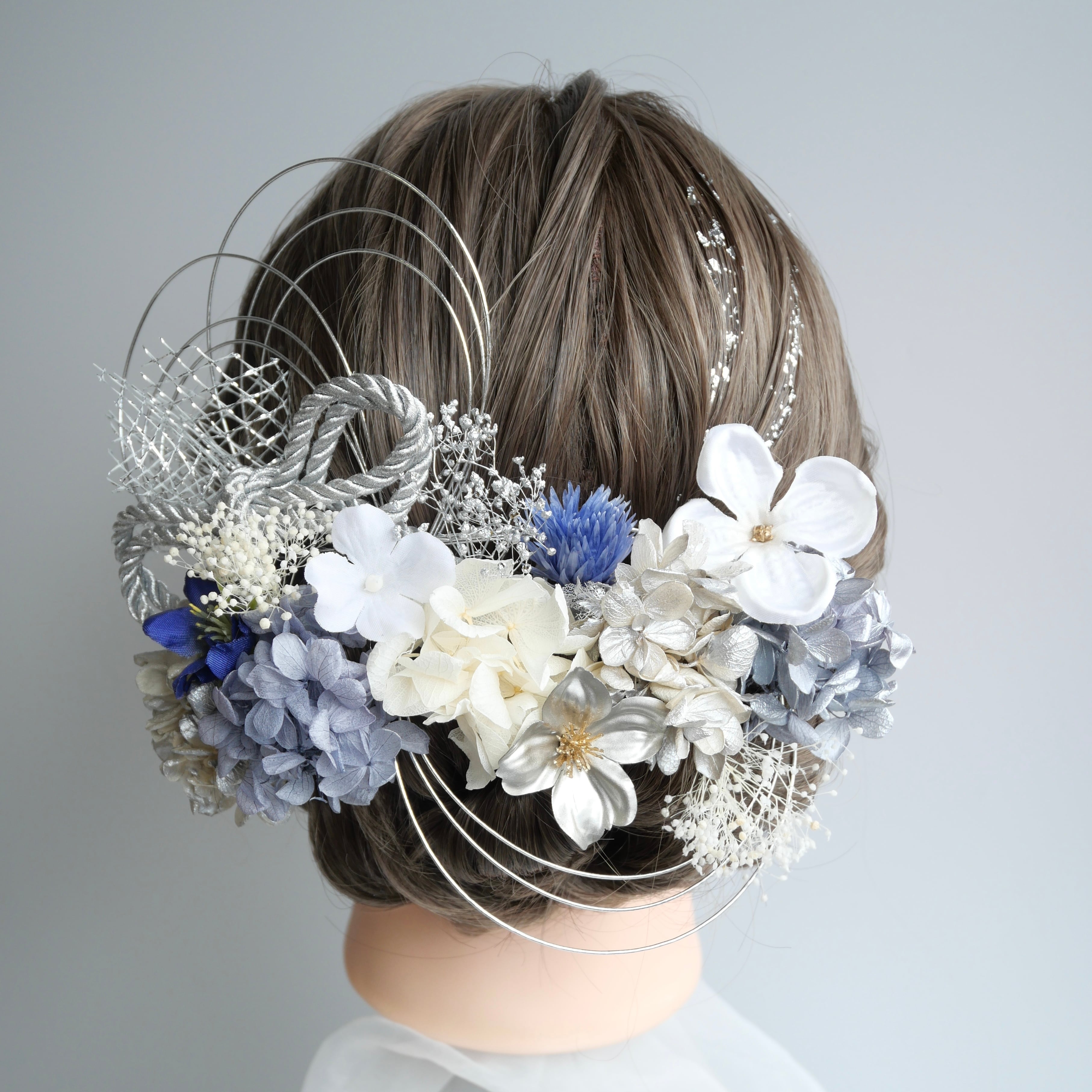 A296 ブルーシルバー ドライフラワー 髪飾り 卒業式 袴 成人式 振袖 結婚式 和装